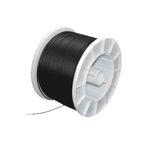 A spool of black wire positioned on a clean white background, showcasing its smooth texture and circular form.