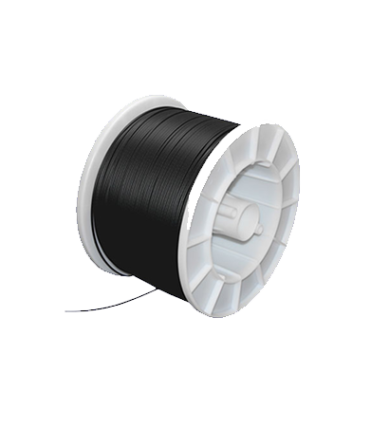 A spool of black wire positioned on a clean white background, showcasing its smooth texture and circular form.