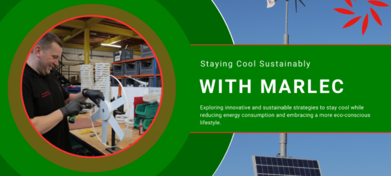 Marlec Banner featuring an image of a solar/ wind hybrid energy system and a team member working on some turbine blades.