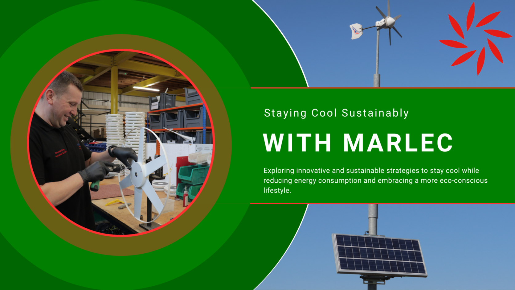 Marlec Banner featuring an image of a solar/ wind hybrid energy system and a team member working on some turbine blades.